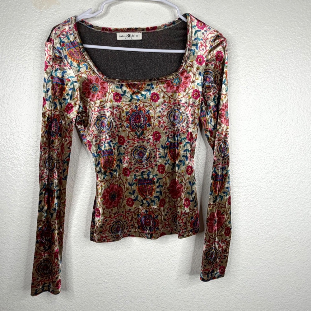 Natural Life Top Women XS Floral Velvet Square Neck Stretch Whimsy Boho Femme